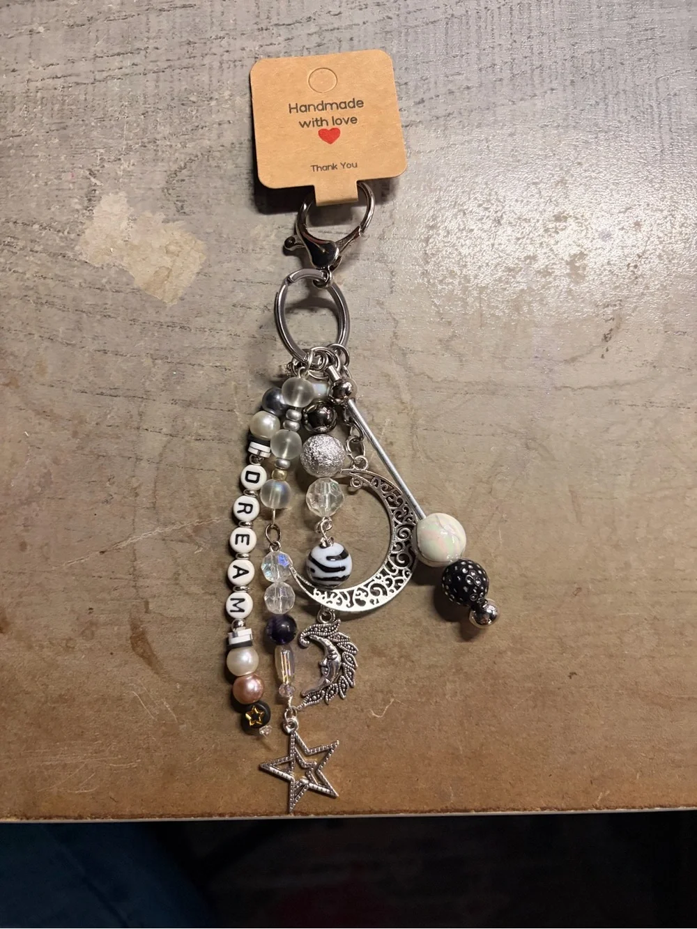 Handmade 'Dream' Bag Charm /Keychain with Moon & Star Accents